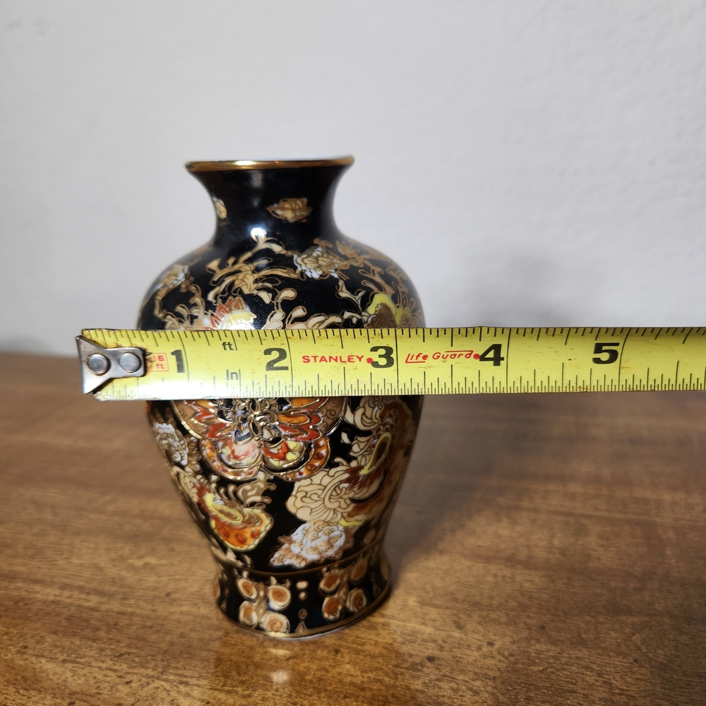 Vintage Elegant Hand Painted Floral Porcelain Vase Black and Gold 5 1/2" - Picture 6 of 6